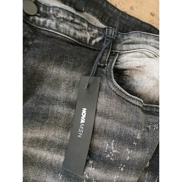 Nova Mens Black Jeans Sz 42 Switch Up The Flow Stacked Slim Fade Detail Distress - Picture 14 of 16